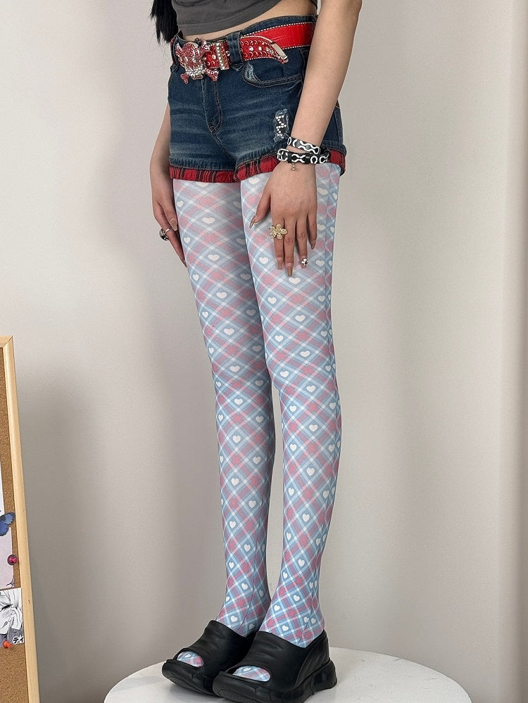 Blue&Pink Y2K Diamond Pattern Heart Print Tights