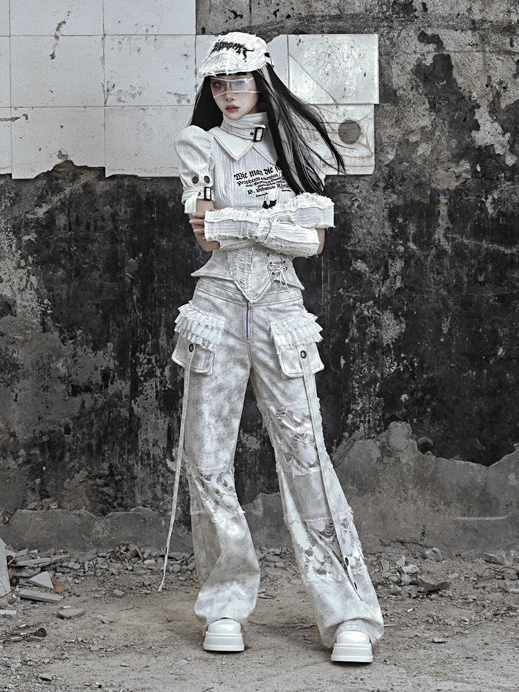 White Double Waistband Distressed Holes Punk Cargo Pants