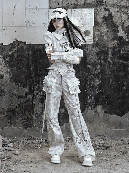 White Double Waistband Distressed Holes Punk Cargo Pants