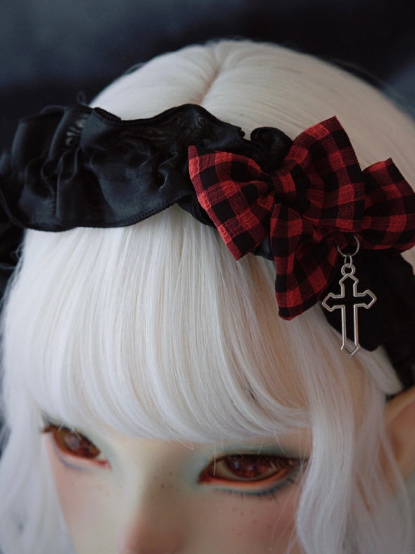 Black Ruffle Trim With Double Bowknots Cross Charm Design KC
