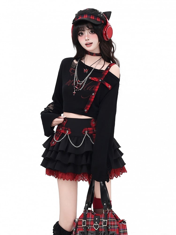 Asymmetrical Neckline Criss-cross Gray/Red Plaid Shoulder Strap Distressed Holes Coverup