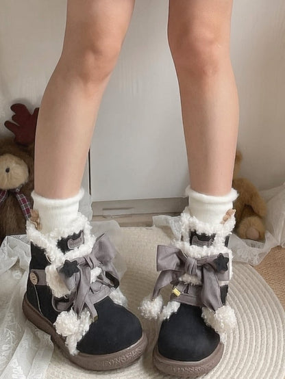 3cm Sole Black Ankle Boots for Lolita with Gray Bow Accents, Star Applique & Lace-Up Design