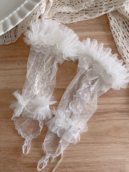 Beige/White/Pink/Black Bowknot Details Polka-dot Pattern Lace Wrist Cuffs