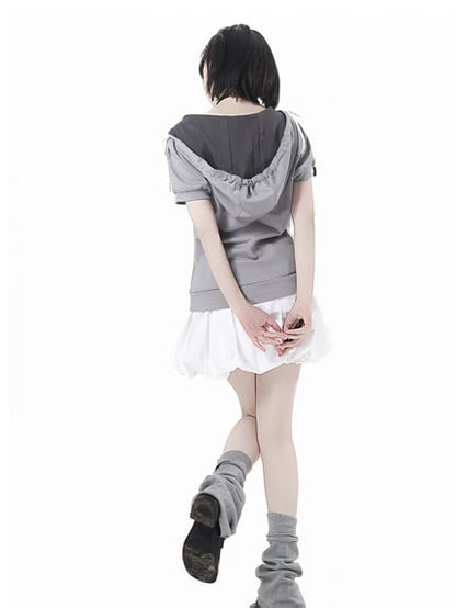 Grey Lace-up Detail Hooded T-Shirt Faux Two-pieces