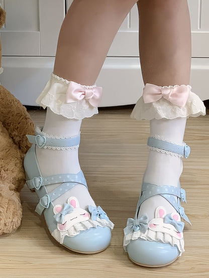 Blue Polka-dot Pattern Crisscross Design Bowknot Details Bunny Applique Lace Trim Sweet Lolita Shoes