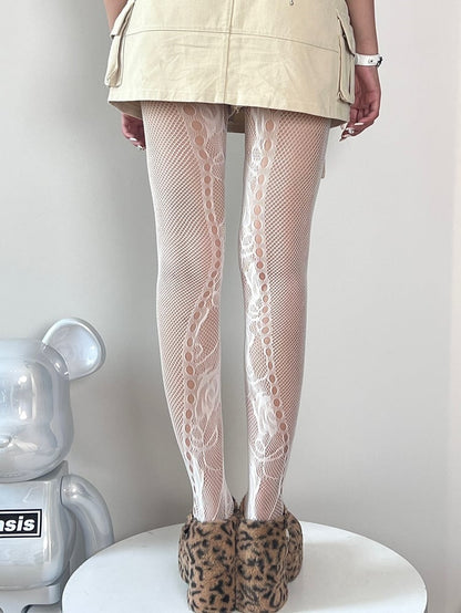 Black/White/Brown Y2K Cut-out Design Floral Pattern Tights