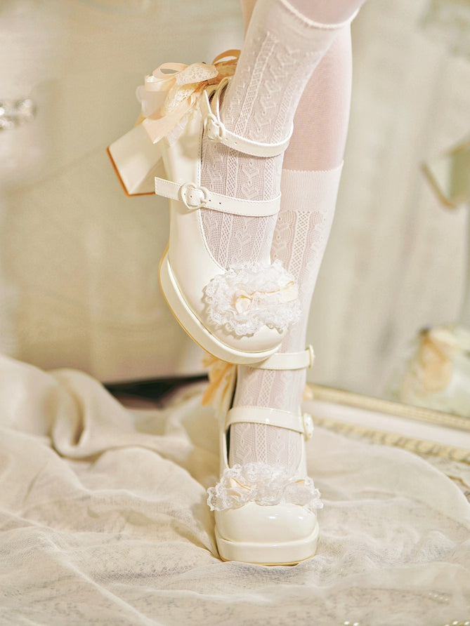 White Knotted Bow at Top Lace Trim Heart Buckles High Block Heels