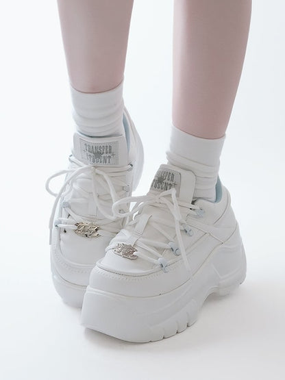 PU Leather with Classic Lacing System Matte White Platform Sneakers in Jirai Kei