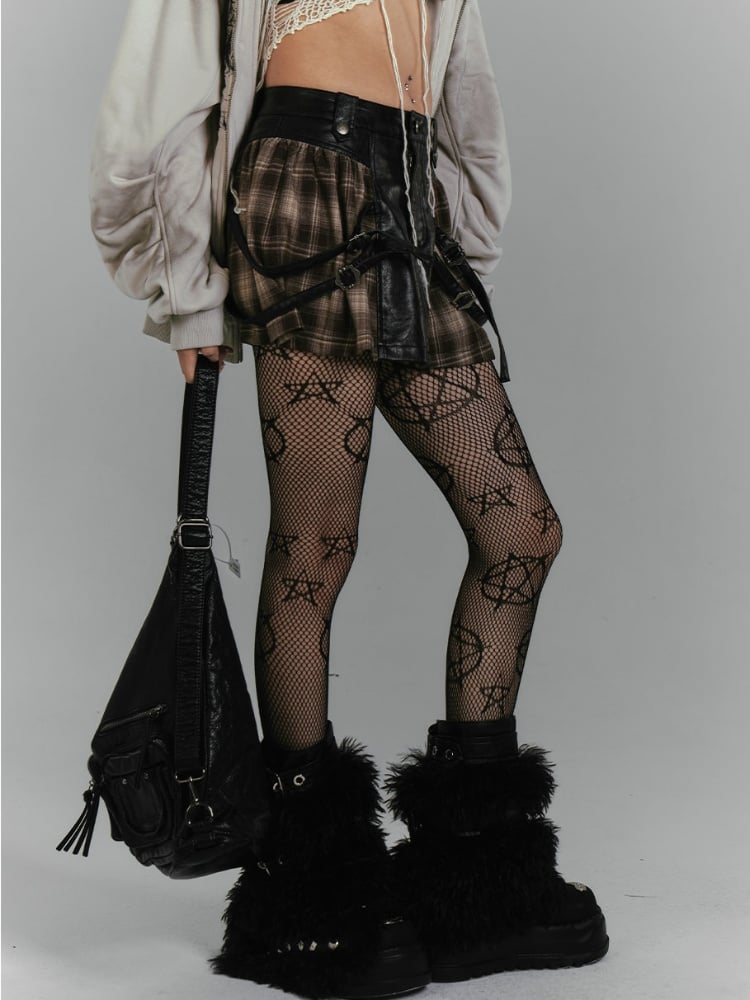 Millard Fashion Brown Plaid Patchwork Design Buckle Straps Vintage Punk PU Skirt