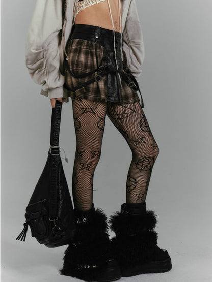 Millard Fashion Brown Plaid Patchwork Design Buckle Straps Vintage Punk PU Skirt