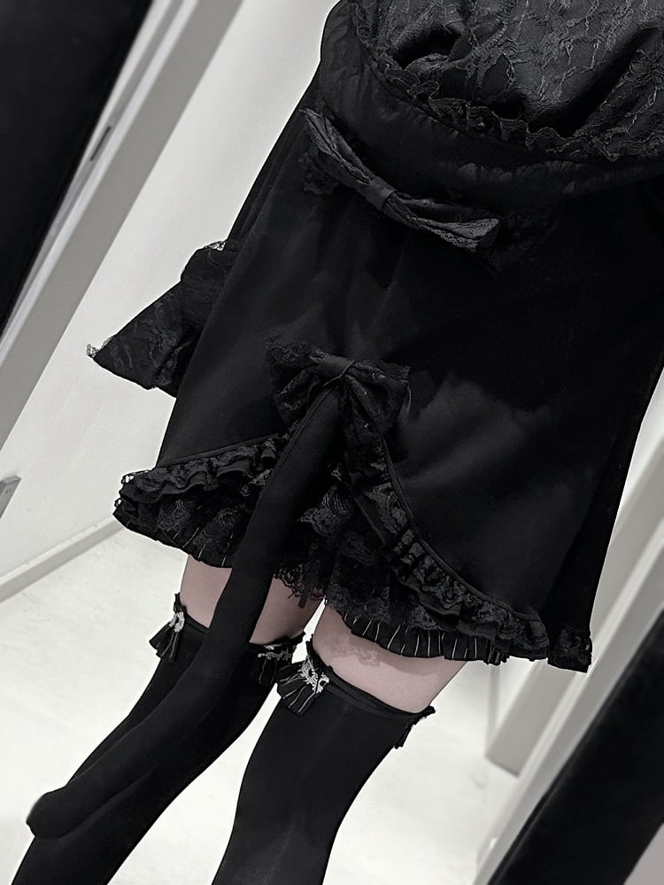 Jirai Kei Kitty Tail at Back Kitty Ears Hood Black Lace Trim Jacket Bowknot Cuffs