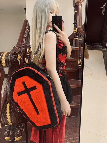 Black & Red Gothic Cross Coffin-Shaped Large Backpack