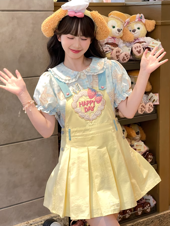 Sweet Strawberry Embroidery Yellow Box Pleat Overall Dress
