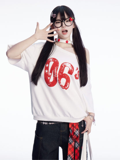 Vintage Number Print White Asymmetrical Neckline T-shirt