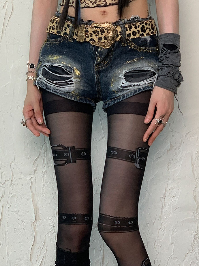 Black Punk Buckle Print Tights