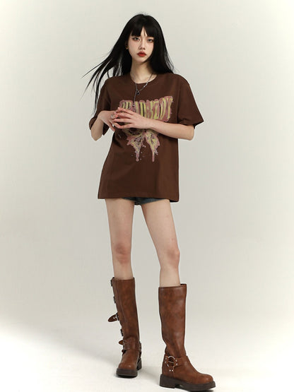 Dark Gray/Brown/Black/White Butterfly Print Vintage Loose T-Shirt