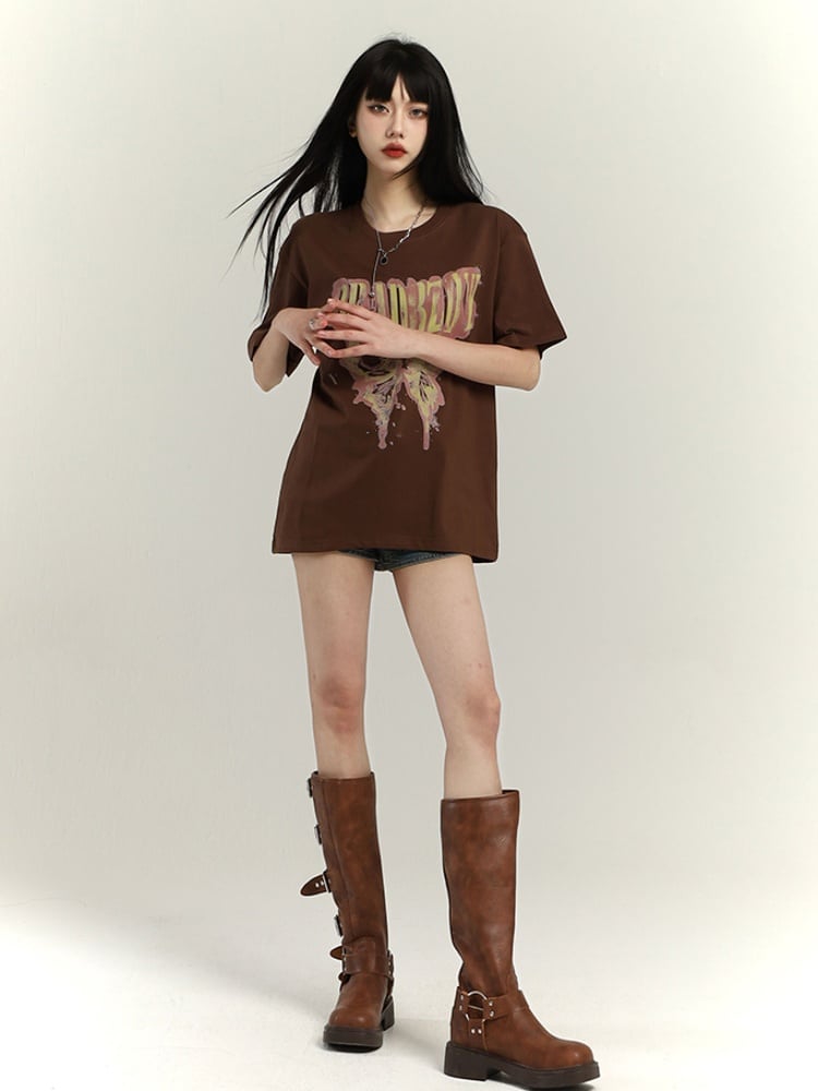 Dark Gray/Brown/Black/White Butterfly Print Vintage Loose T-Shirt