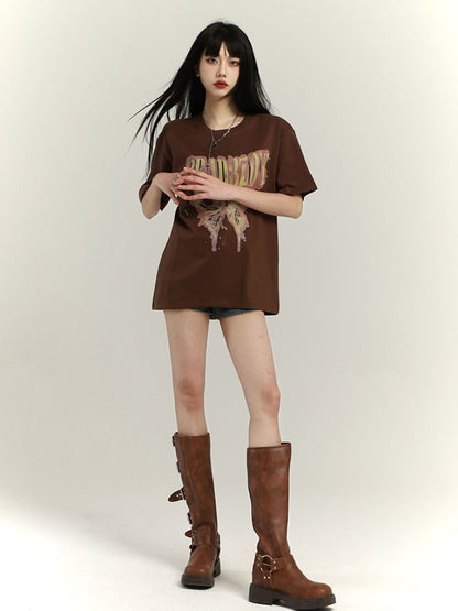 Dark Gray/Brown/Black/White Butterfly Print Vintage Loose T-Shirt