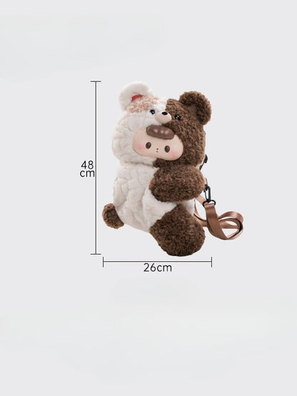 White&Brown Split Color Plush Bear Backpack/Crossbody Bag