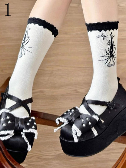 Black Sword Spider Polka-dot Pattern Lolita Calf Socks