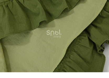 Green Ruffle Hem Sweet Overall Dress with Detachable Bowknot