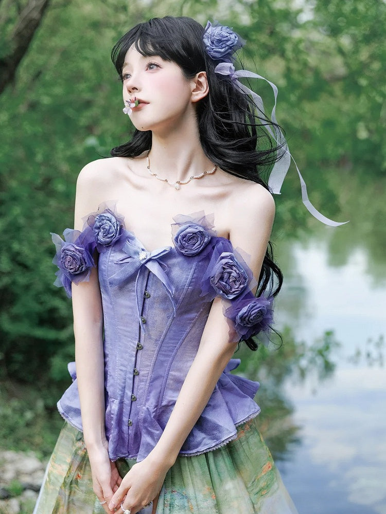 Purple Flounce Hem Boned Corset Top with Detachable Floral Adornments
