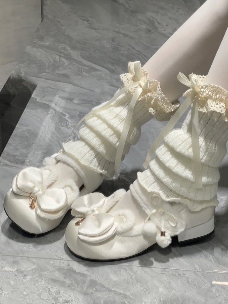 White Sweet Lolita Heart Charm Plush Bunny Ear Bow at Top Round Toe Shoes