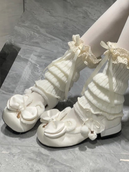 White Sweet Lolita Heart Charm Plush Bunny Ear Bow at Top Round Toe Shoes