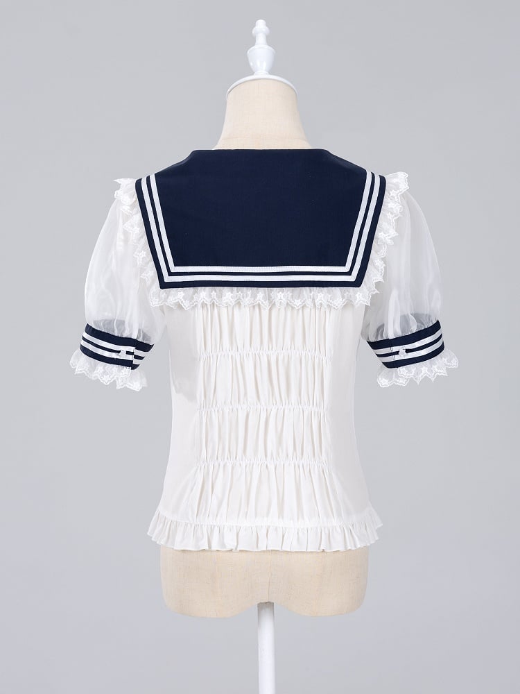 Jirai Kei Summer Sailor Collar Short Sleeves Blouse with Red Bowtie Snow White Vibes