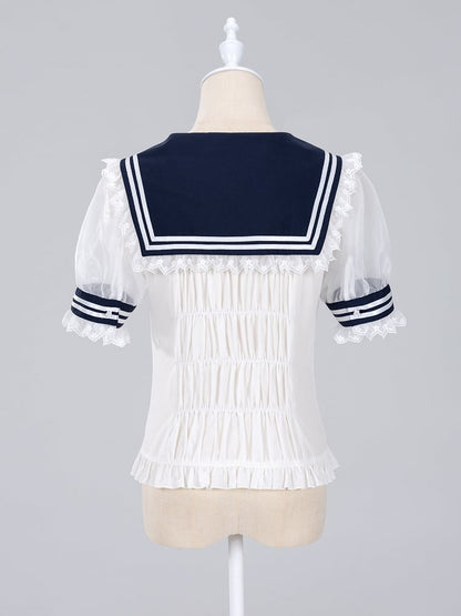Jirai Kei Summer Sailor Collar Short Sleeves Blouse with Red Bowtie Snow White Vibes