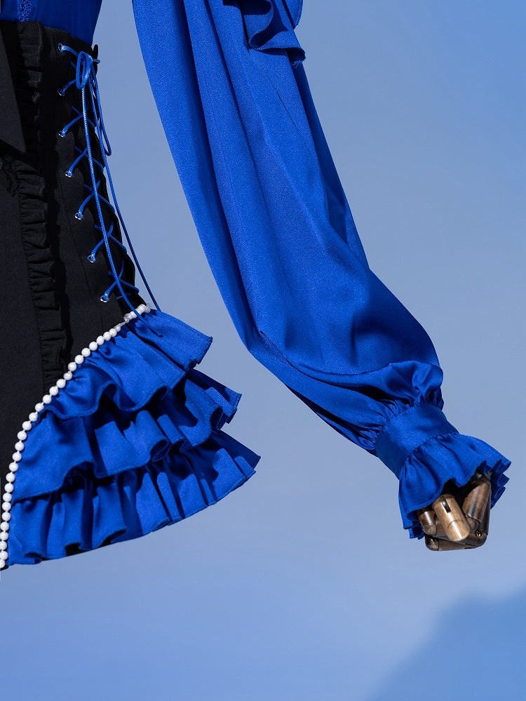 Deep Sea Blue Layered Ruffles V-neck Long Sleeves Shirt with Detachable Bead Chain Cutout Back