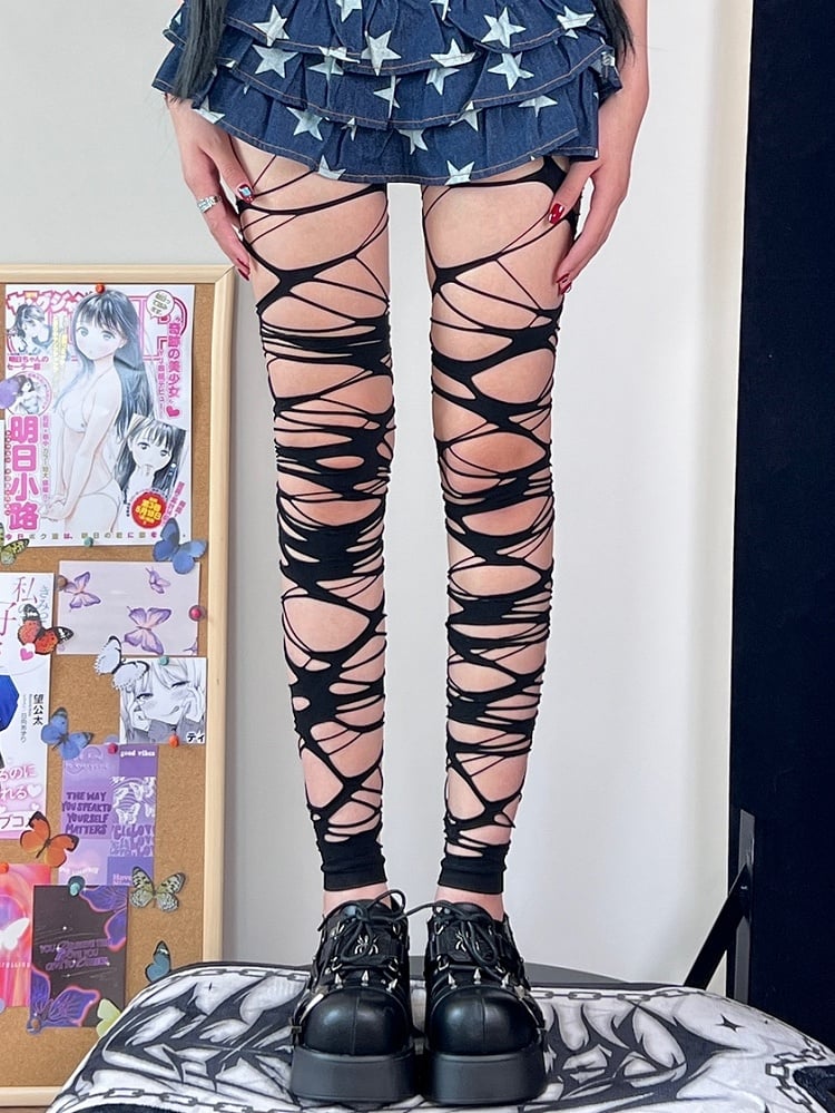 Long Version Black/White Y2K Asymmetrical Design Cut-out Details Over-knee Stockings