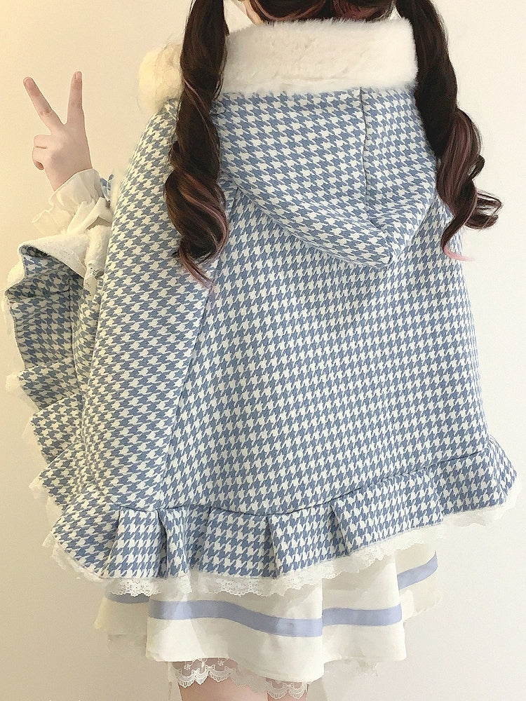 Jirai Kei Houndstooth Fleece-Lined Hooded Cape with Heart Buttons, Bow & Pompom | 3 Colors