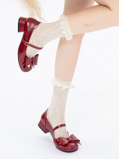Bow at Top Wine Red Round Toe 3cm Heel Sweet Mary Jane Shoes