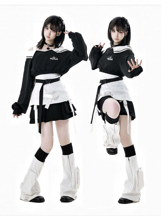 Wasteland Punk Black V-Neck Futuristic Techwear Cropped Sweatshirt