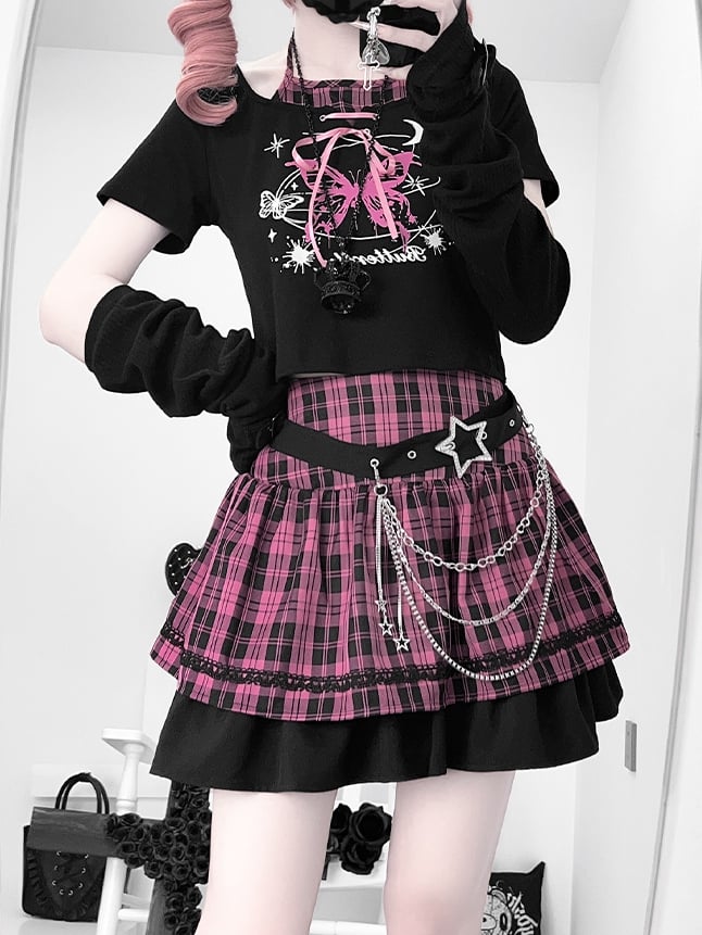 Black and Pink Punk Rock Idol Set- Butterfly Print Halter Top+ Plaid Skirt+ Buckle Belt+ Waist Chain