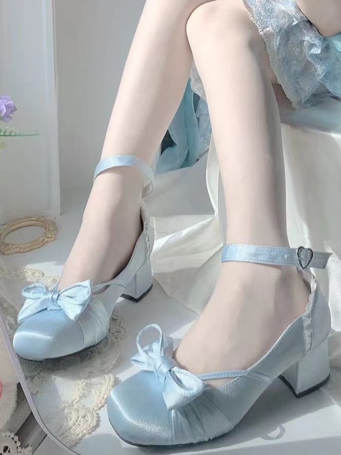 Blue Elegant Bow at Top Mary Janes With Dual Detachable Buckle Ankle Straps