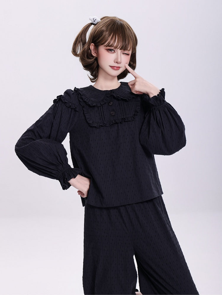 Plus Sizes Available Black Ruffle Trim Peter Pan Collar Sweet Lolita Blouse