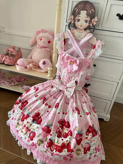 Strawberry Cake Print Pink Sweet Lolita Jumper Skirt