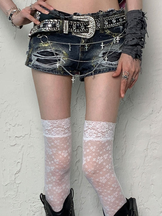 White Y2K Bittersweet Floral Pattern Lace Trim Overknee Stockings