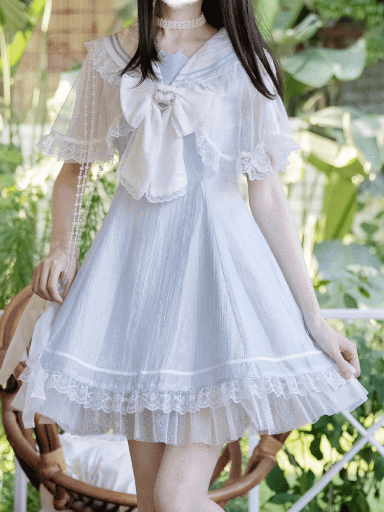 Light Blue Jirai Kei Sailor Collar Lace Cape Design Dress with Bowtie