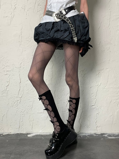 Black Y2K Cut-out Design Bowknot Details Underknee Stockings