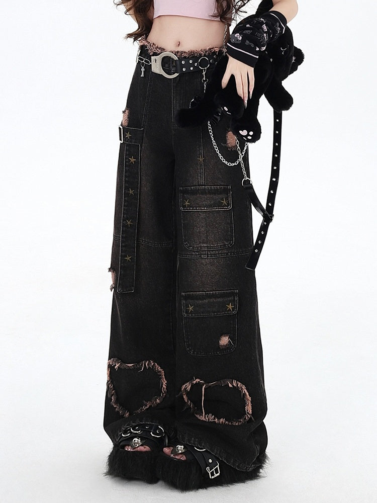 Black Distressed Holes Y2K Wide-leg Cut Jeans