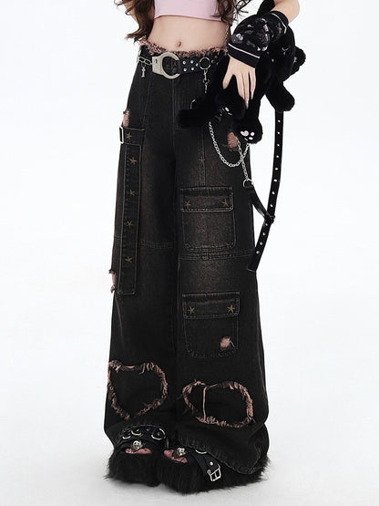 Black Distressed Holes Y2K Wide-leg Cut Jeans
