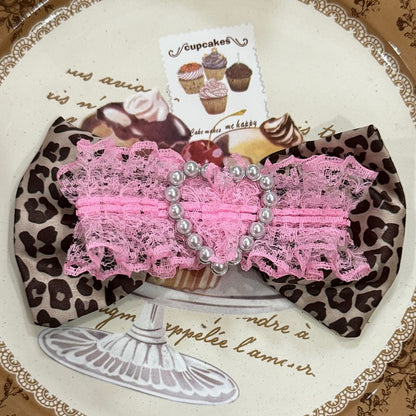 Pink/Black Beaded Heart Decorated Leopard Pattern Bowknot Hairclip