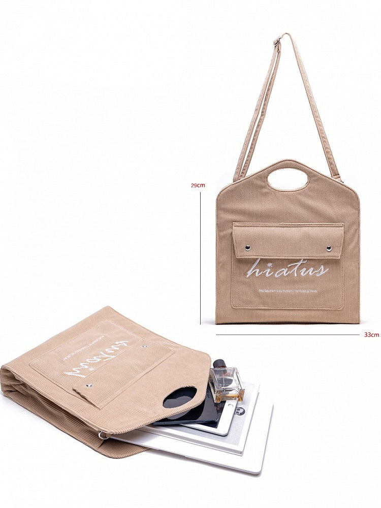 Brown Corduroy Tote Bag: Large Capacity & Lightweight With Embroidered Lettering