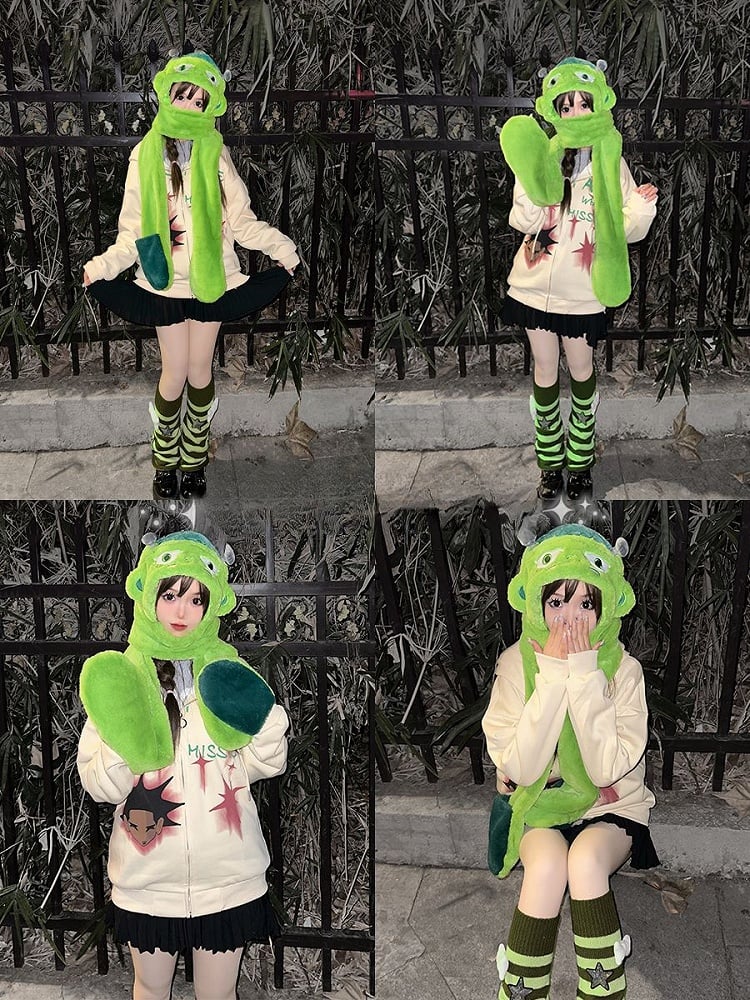 Green Zombie Gothic Winter Plush Hat with Scarf Gloves