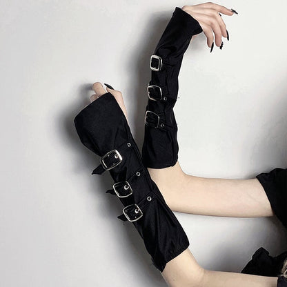Punk Black Half Fingerless Gloves with Buckle Straps
