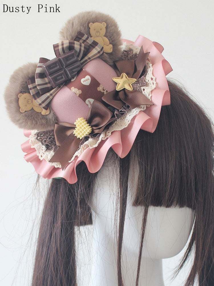 6 Color Options Chocolate Decorated Bowknot Details Plush Bear Ear Mini Hat