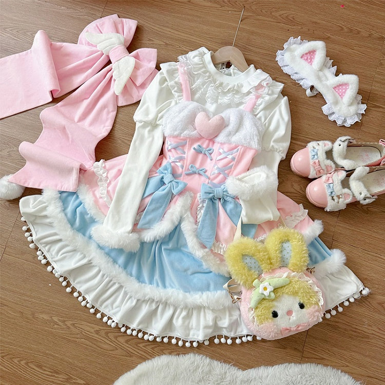 Plush Trimming Pink Sweet Lolita Dress for Autumn and Winter
